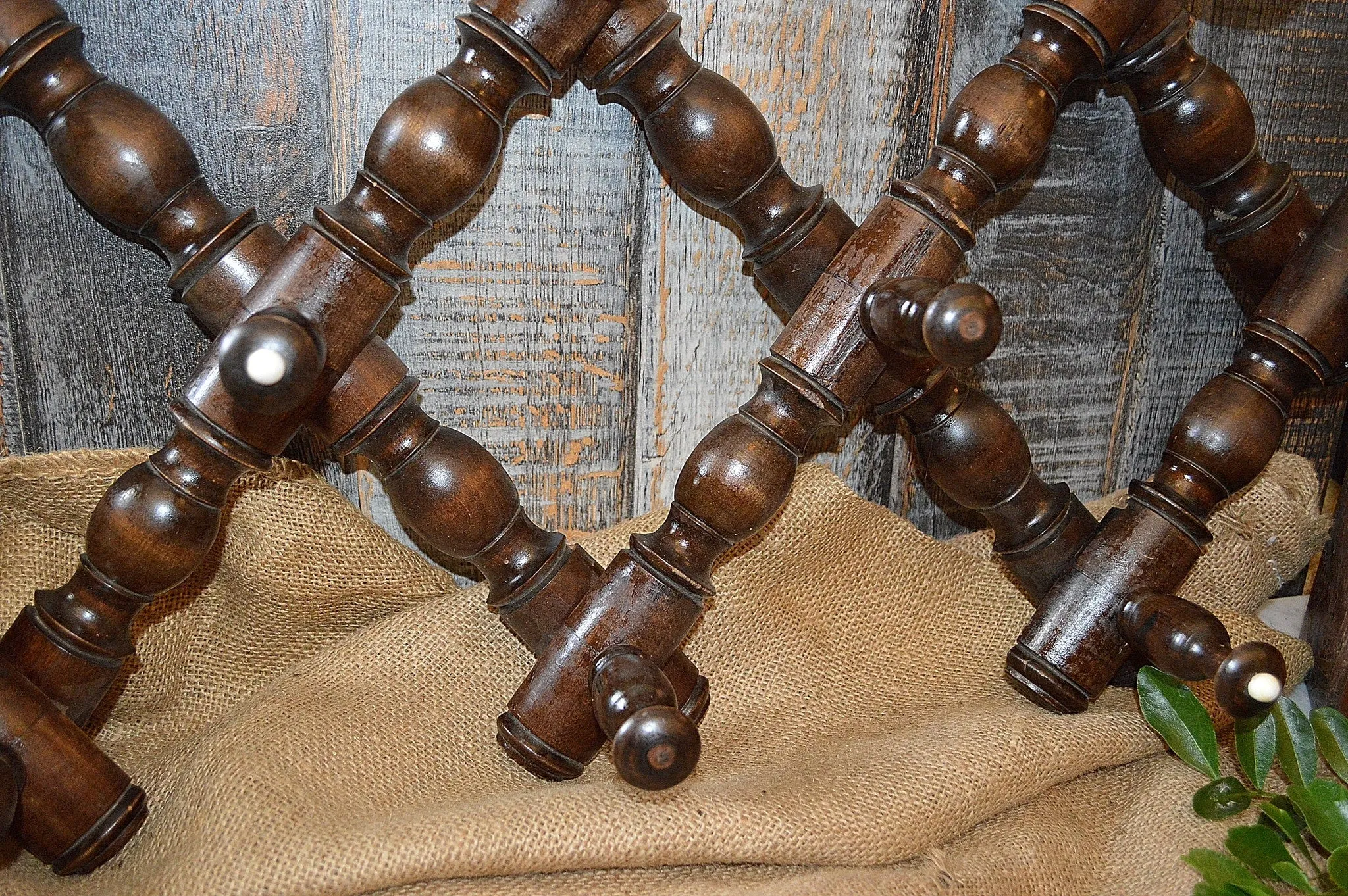 Antique German Expandable Dark Wood Coat Hat Rack with Spindles