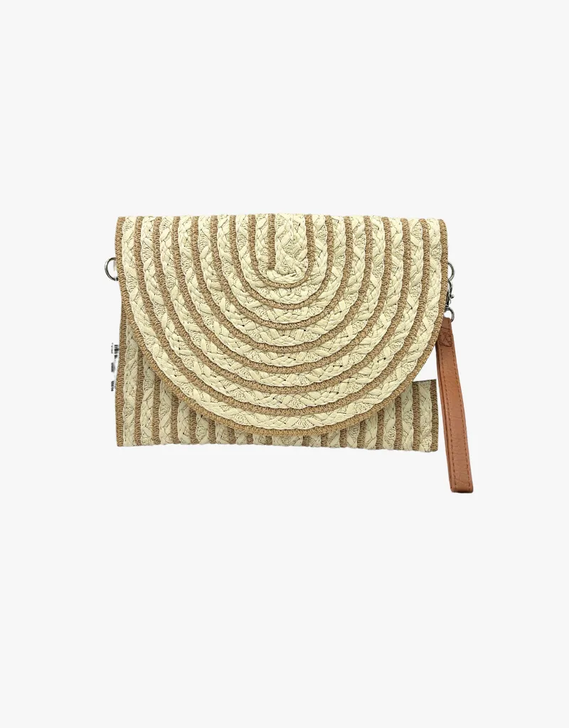 Branded Raffia Crossbody Clutch in Sand w/ Brown Accent