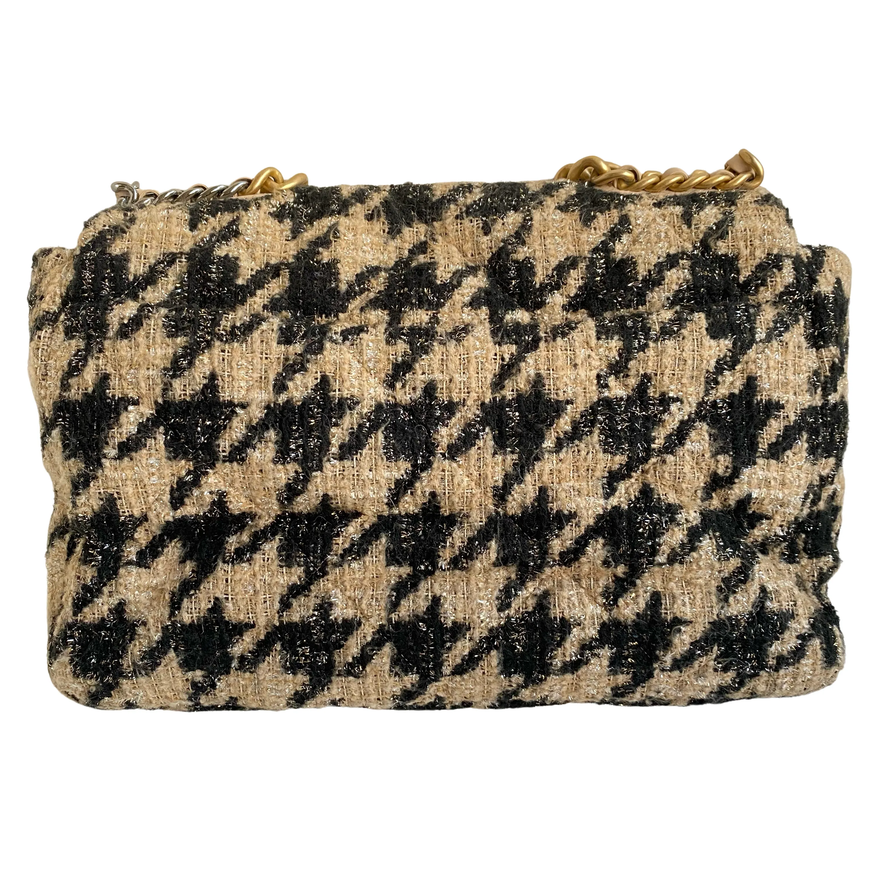 CHANEL 19 Maxi Flap Bag in Beige Black Houndstooth Tweed