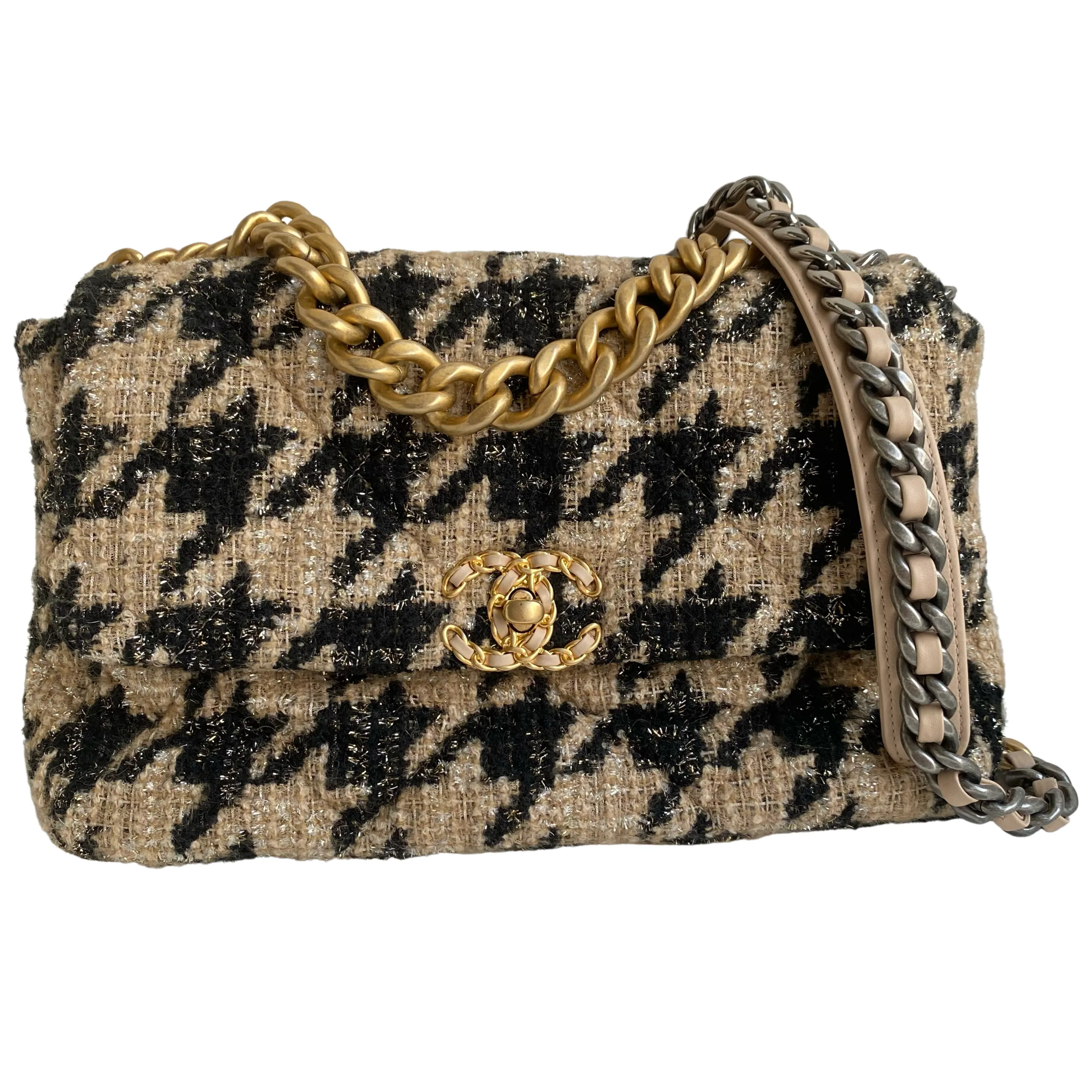CHANEL 19 Medium Flap Bag in 19K Beige Black Houndstooth Tweed