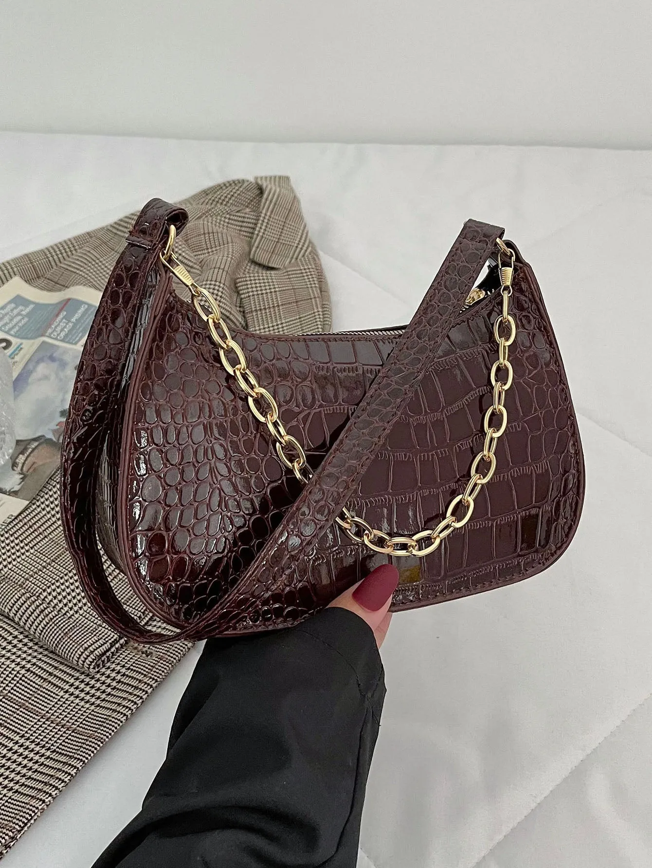 Crocodile Embossed Baguette Bag - Coffee Brown