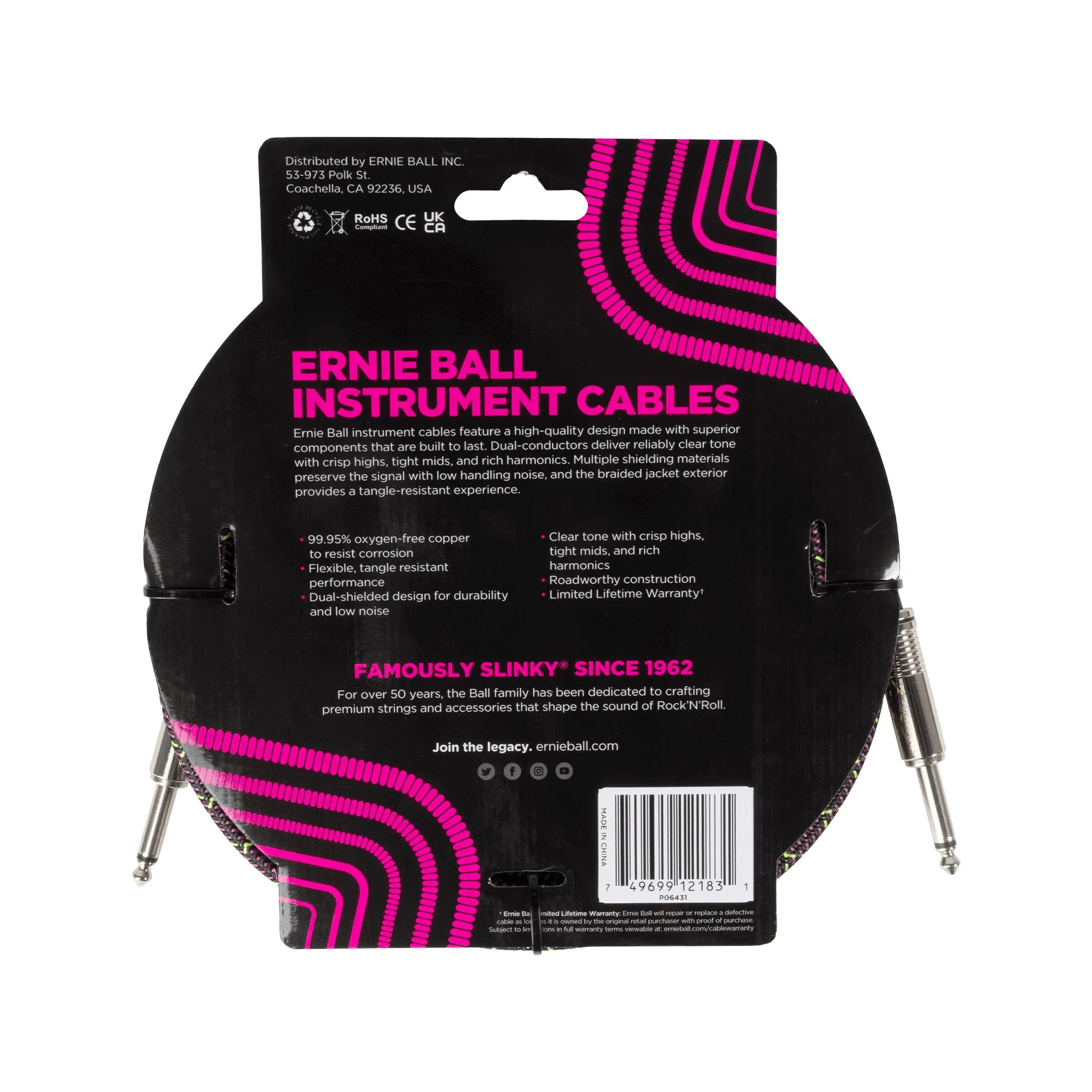 Ernie Ball 18FT Straight / Straight Braided Instrument Cable, Purple Python