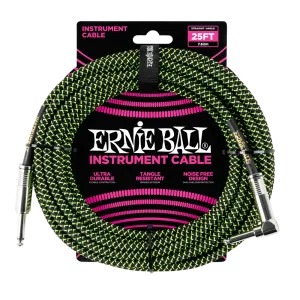 ERNIE BALL 25' BRAIDED STRAIGHT / ANGLE INSTRUMENT CABLE - BLACK / GREEN P06066