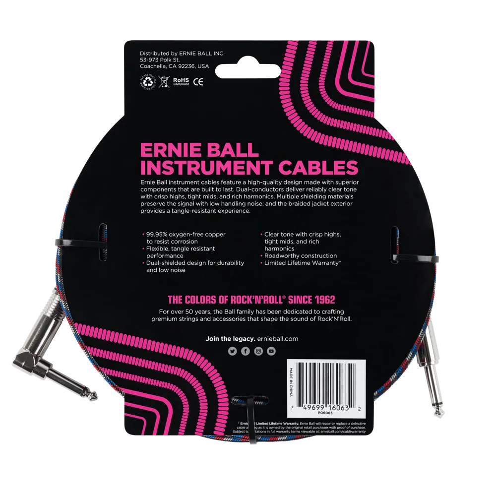 Ernie Ball 7.5 Meter Braided Straight / Angle Instrument Cable, Black / Red / Blue / White