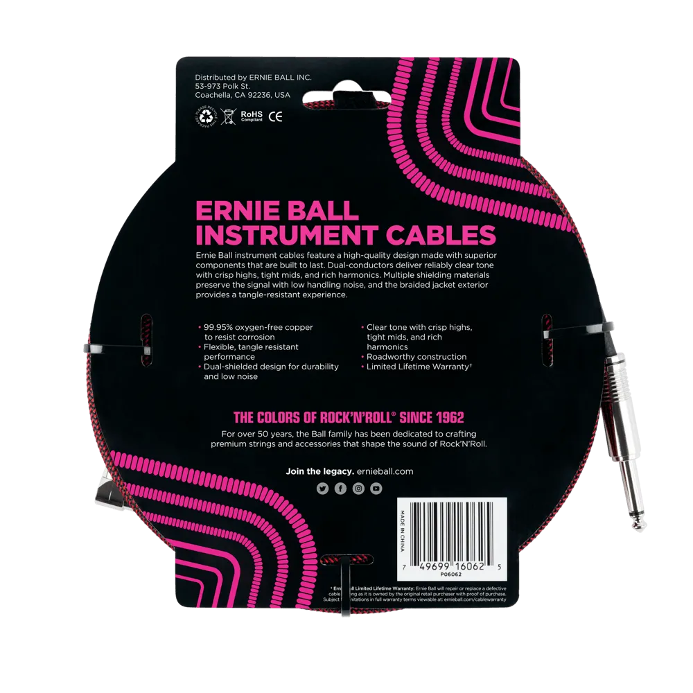 Ernie Ball 7.5 Meter Braided Straight / Angle Instrument Cable, Black / Red