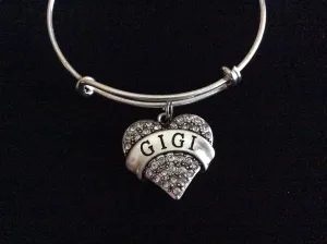 Gigi Silver Crystal Heart Charm Bangle Adjustable Expandable Meaningful Gift Grandmother Gift
