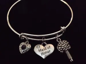 Maid of Honor Bouquet with Purple Crystal Heart Charm Expandable Bracelet Silver Adjustable Wire Bangle Meaningful Wedding Shower Bridal Trendy Gift