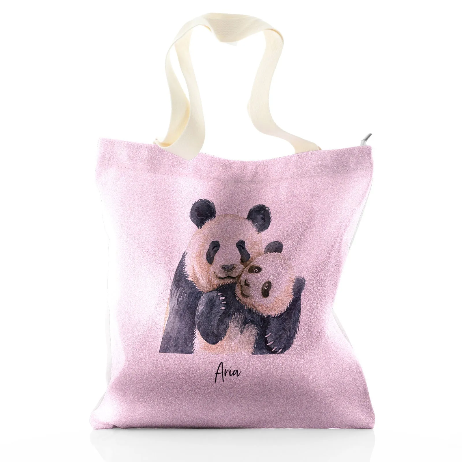 Personalised Glitter Tote Bag with Welcoming Text and Embracing Mum and Baby Pandas