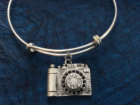 Silver Crystal Camera Expandable Charm Bracelet Adjustable Wire Bangle Photography Handmade Trendy
