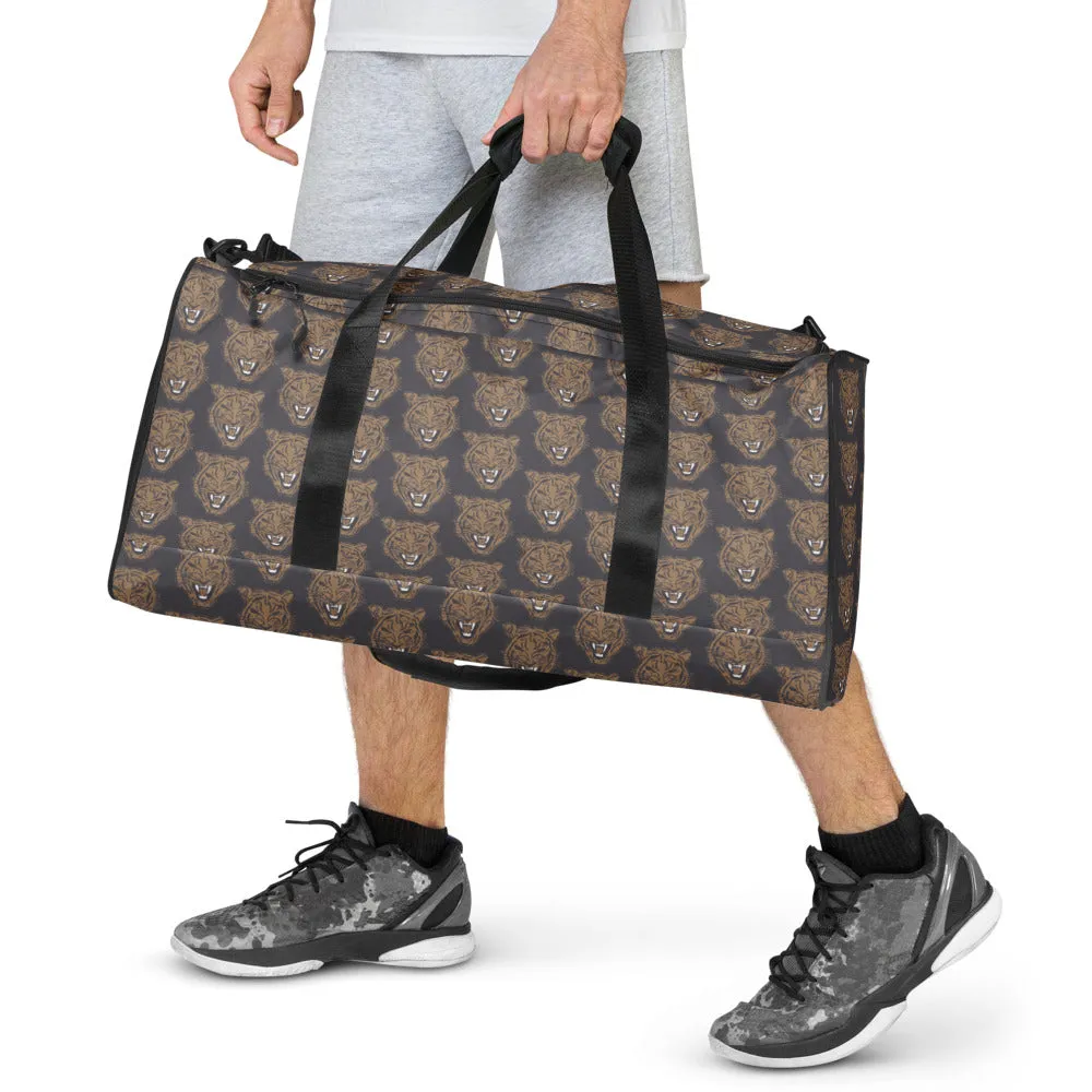Tiger Face Print Duffle Weekend Bag Gold Grey